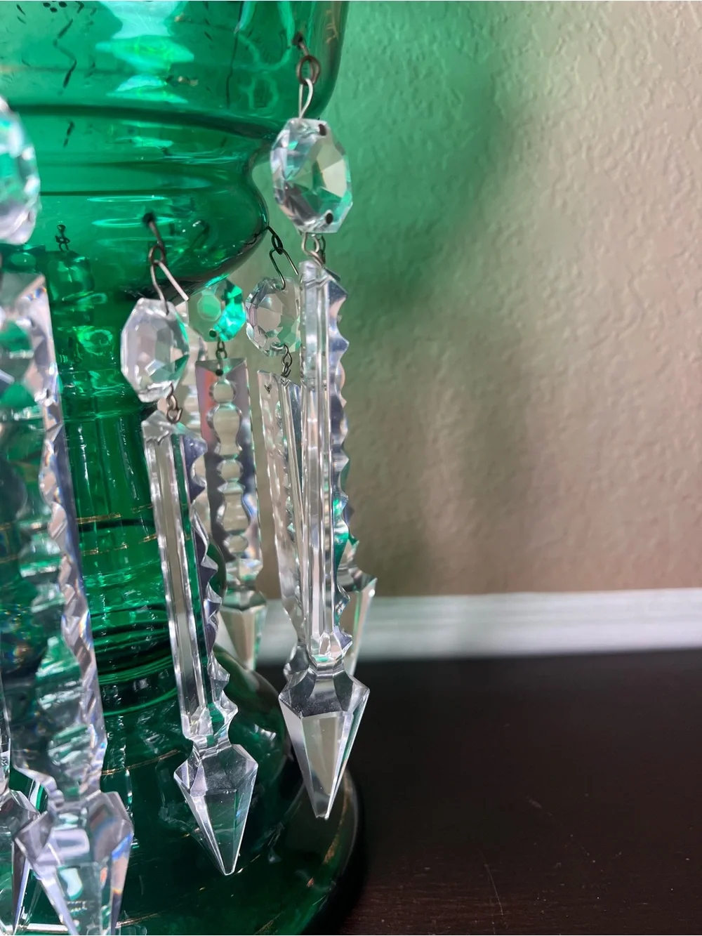 Antique Late 1800s Victorian Bohemian Glass Lustre Form, Emerald Green, Mantle